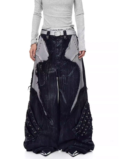 High-Street Patchwork Distressed Wide-Leg Jeans