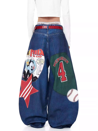 Retro Star Print Wide-Leg Jeans