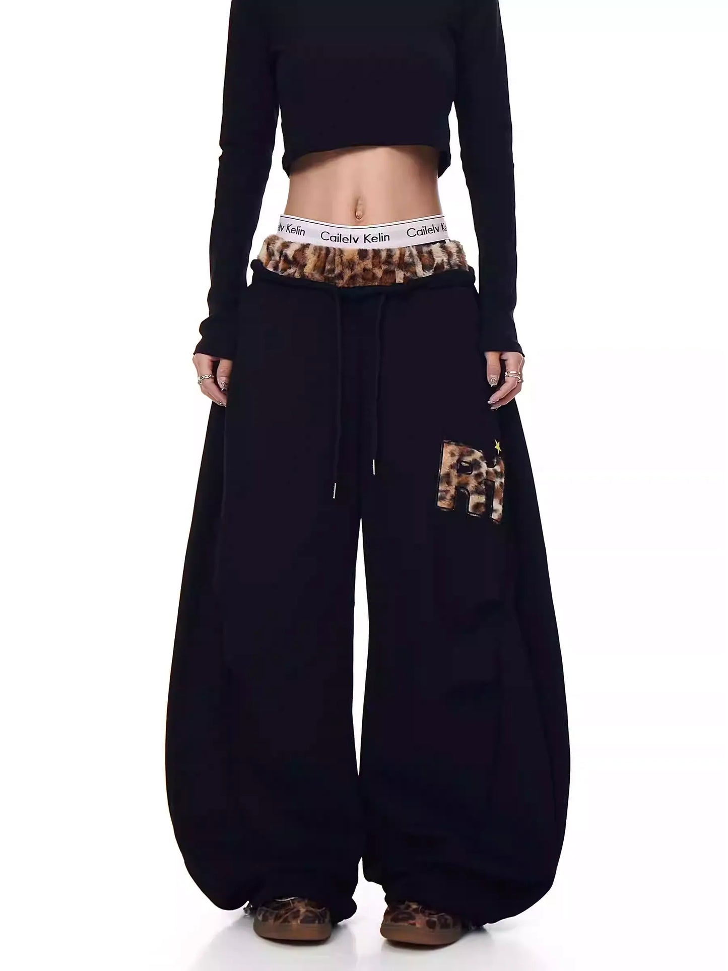 Retro Leopard Patchwork Wide-Leg Sweatpants