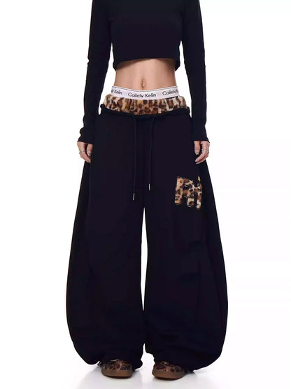 Retro Leopard Patchwork Wide-Leg Sweatpants