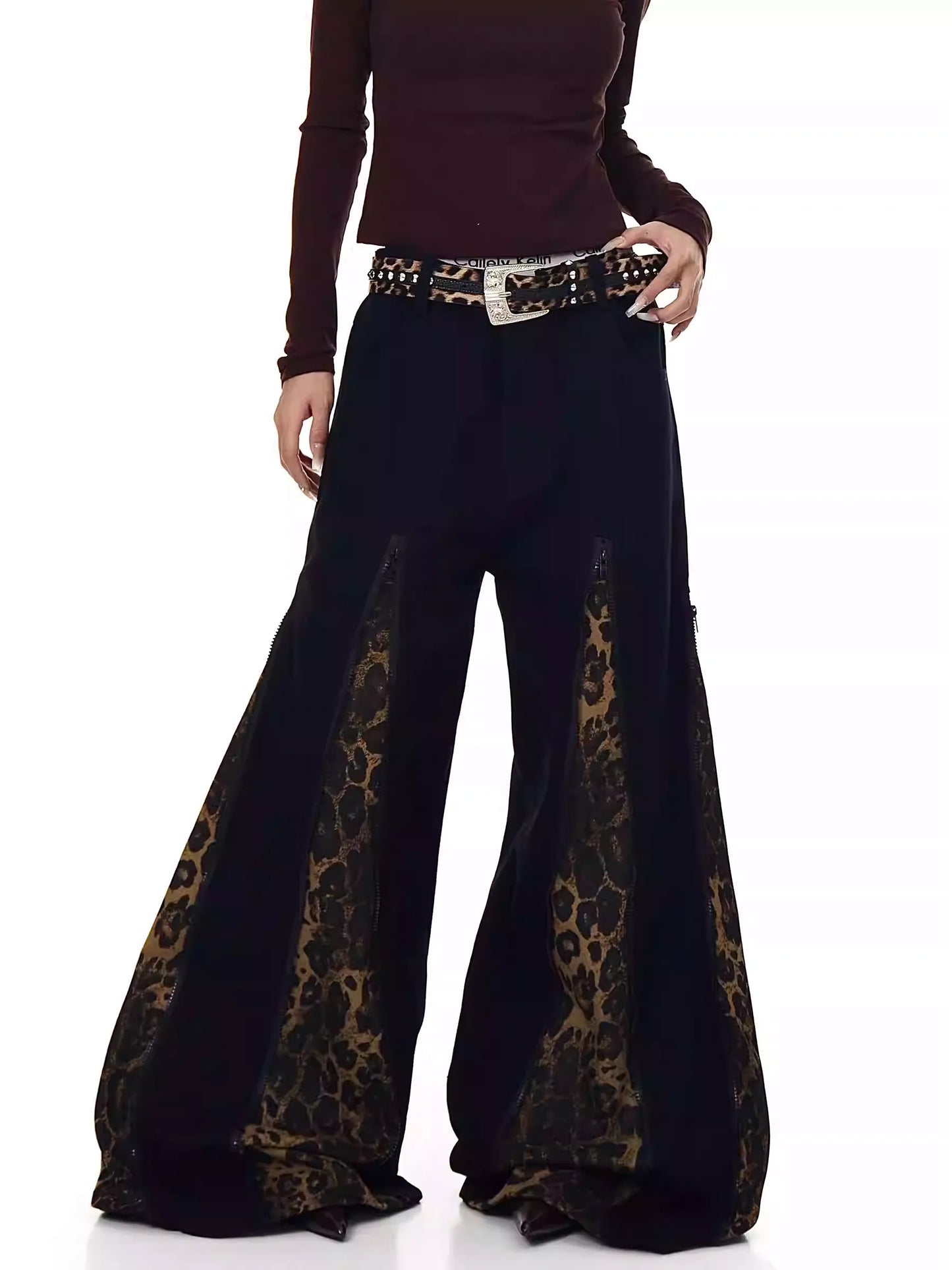 Leopard Zipper Patchwork Flared Wide-Leg Jeans