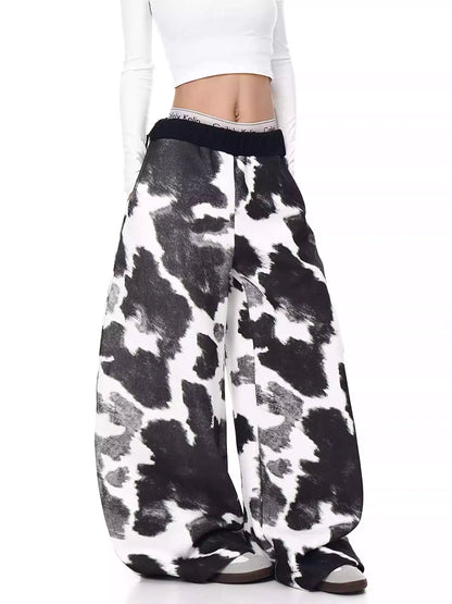 Retro Cow Print Wide-Leg Sweatpants