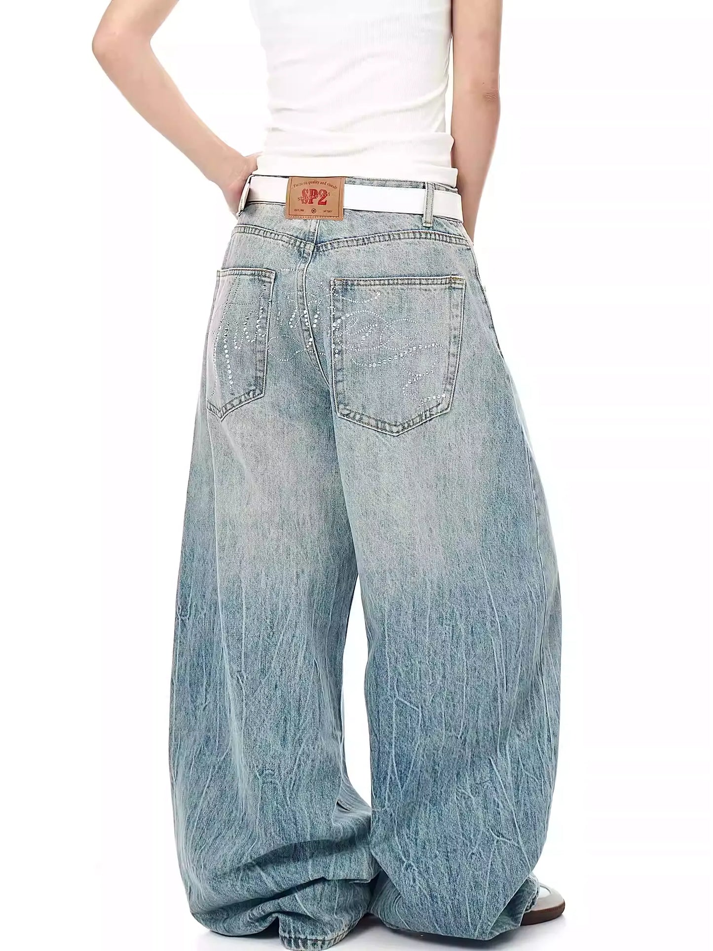 Retro Lightning Rhinestone Wide-Leg Jeans