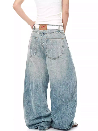 Retro Lightning Rhinestone Wide-Leg Jeans