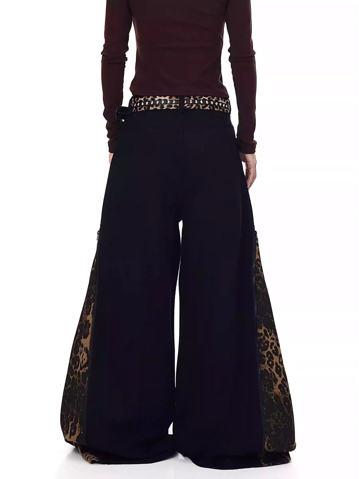 Leopard Zipper Patchwork Flared Wide-Leg Jeans