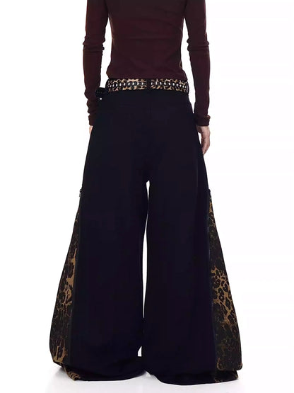 Leopard Zipper Patchwork Flared Wide-Leg Jeans
