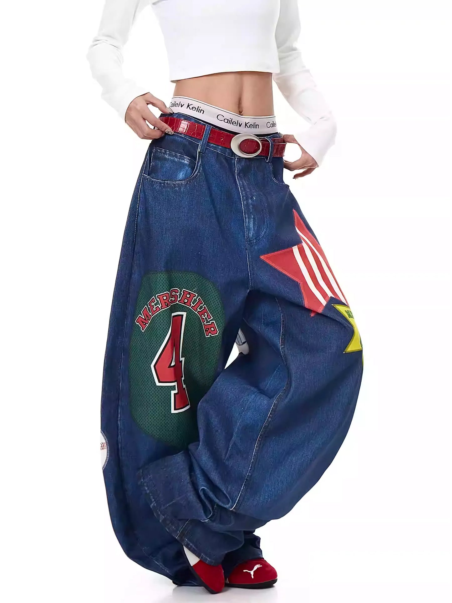 Retro Star Print Wide-Leg Jeans