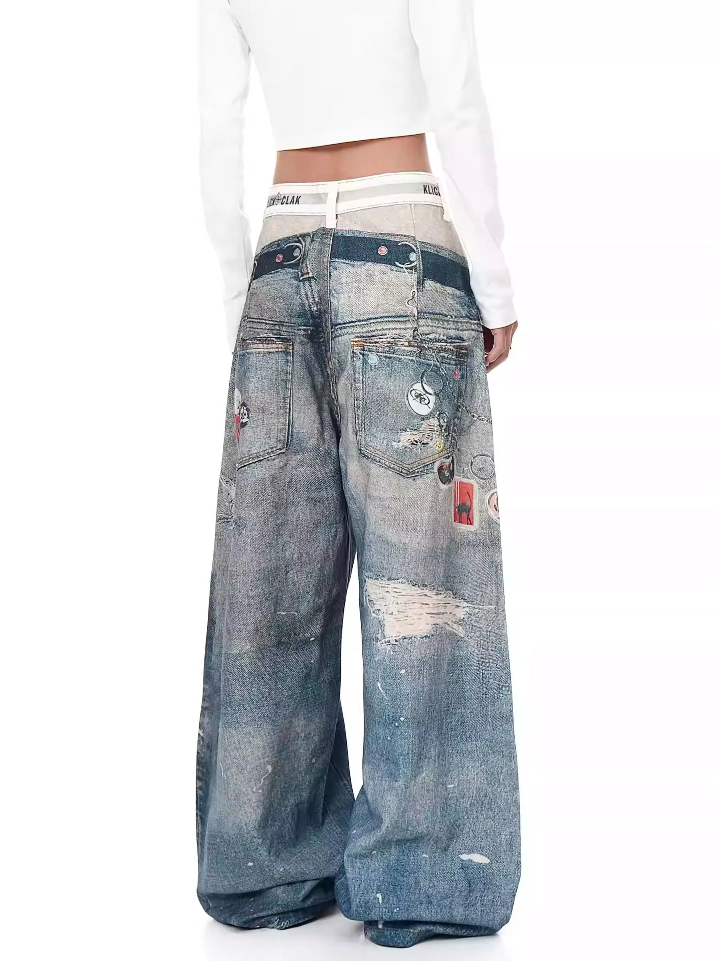 Retro 3D Print Double-Waist Straight-Leg Jeans