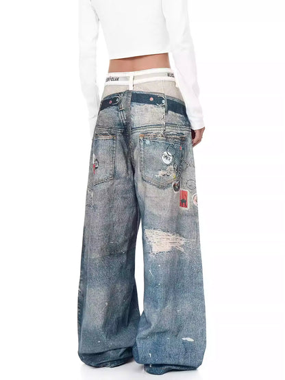 Retro 3D Print Double-Waist Straight-Leg Jeans