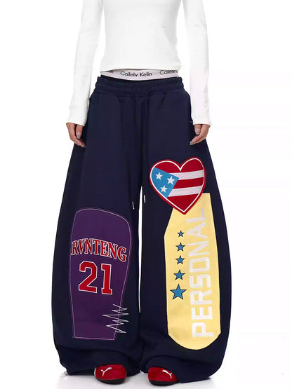 American Street Style Heart Patch Embroidery Scimitar Sweatpants