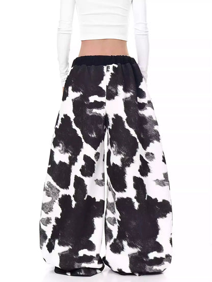 Retro Cow Print Wide-Leg Sweatpants