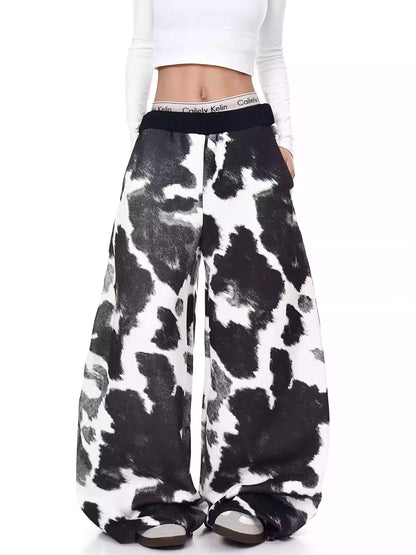 Retro Cow Print Wide-Leg Sweatpants