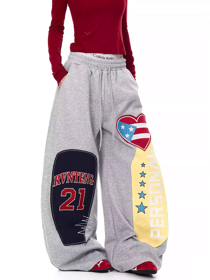 American Street Style Heart Patch Embroidery Scimitar Sweatpants