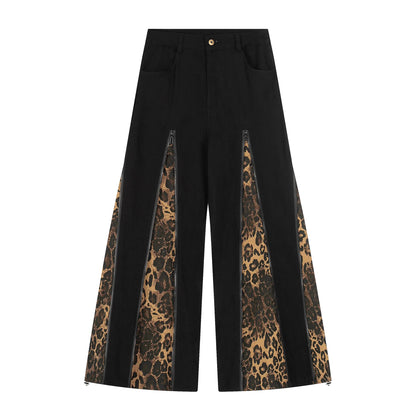 Leopard Zipper Patchwork Flared Wide-Leg Jeans